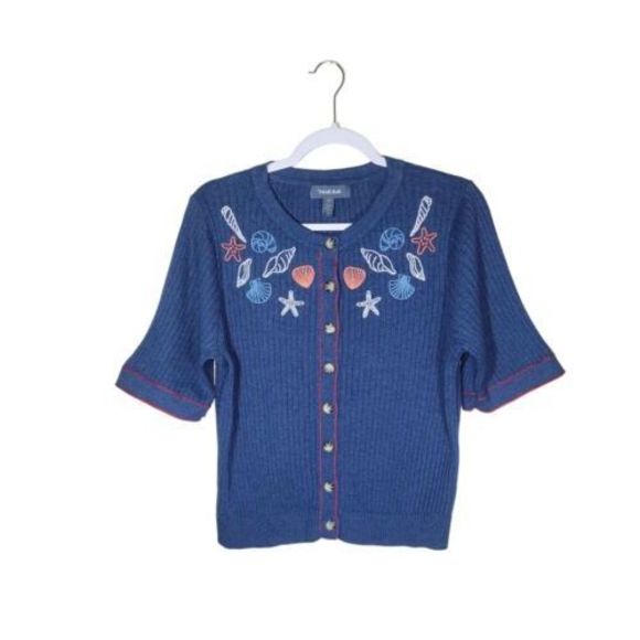 ModCloth Women's Short Sleeves Seashore Embroidered Blue Cotton Cardigan Size 1X - Picture 1 of 12